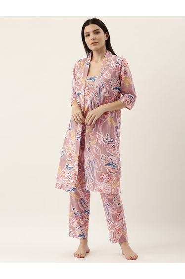 Pack of 3 - Cotton Paisley Print Cami- Pyjama and Robe
