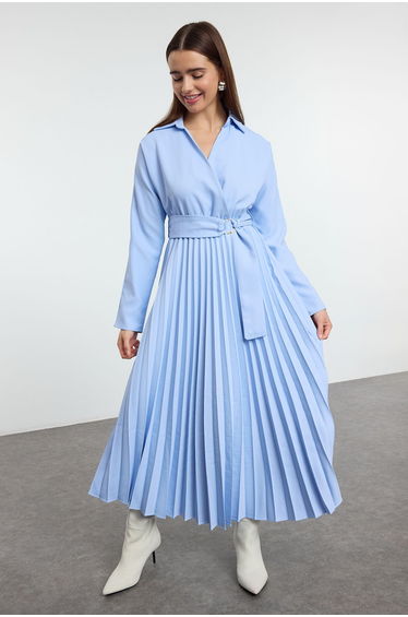 Blue Belted Pleated Skirt Double Breasted Maxi Woven Dress