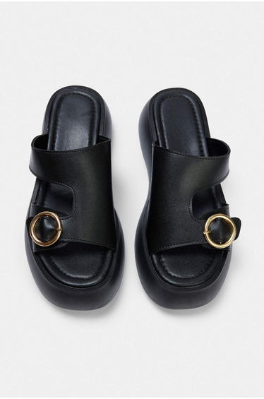Black Gold Buckle Detailed Thick Sole Women's Slippers