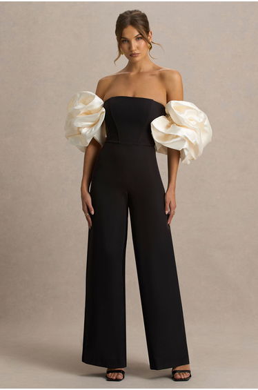 Panama | Black Bardot Jumpsuit With Cream Puff Sleeves