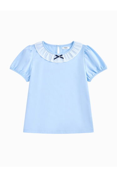 Girls' Short Sleeve T-Shirt With Ribbon And Ribbed Neck Detail