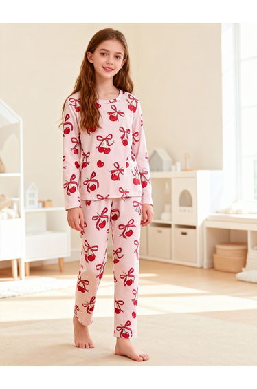 Girls Cherry Print T-Shirt and Pyjama Set