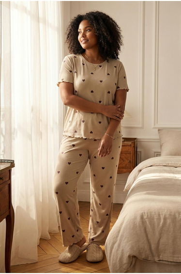Mint Heart Slogan Elastic Detail Ribbed Knitted Pajama Set