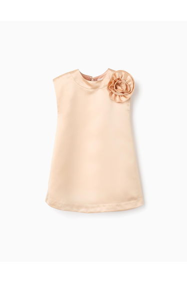 Long satin dress with flower appliqué and lining for baby girls golden