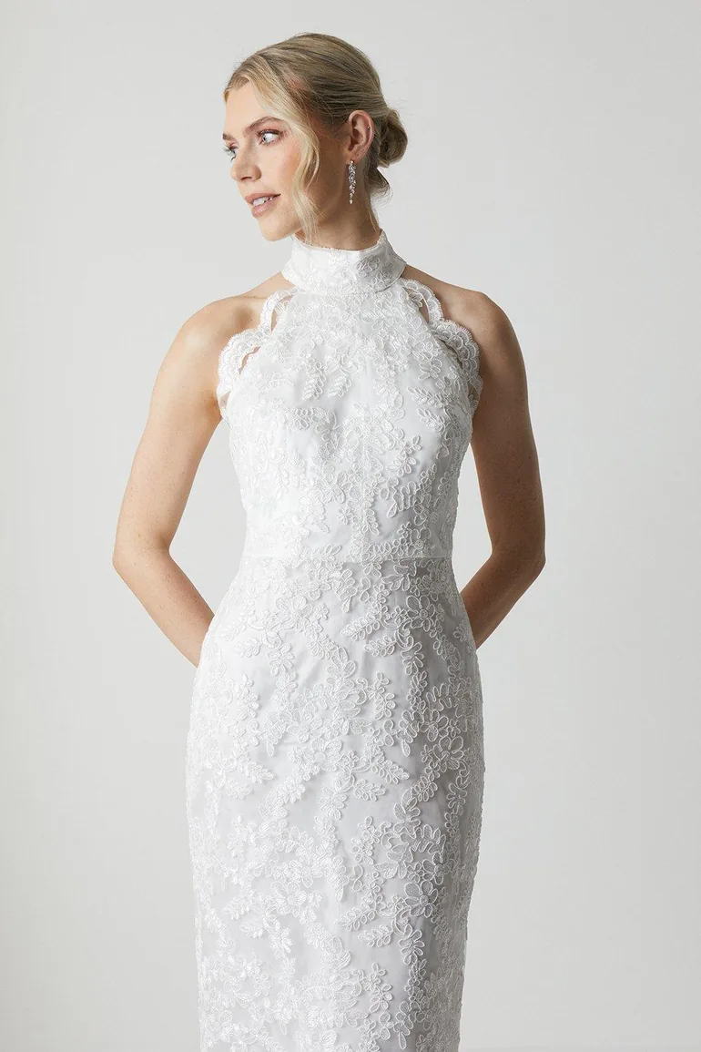 High Neck Embroidered Mesh Wedding Dress With Train - 1