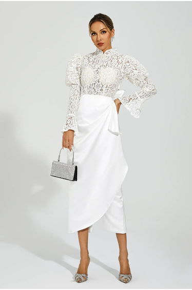 Kailey White Lace Bubble Sleeve Midi Dress