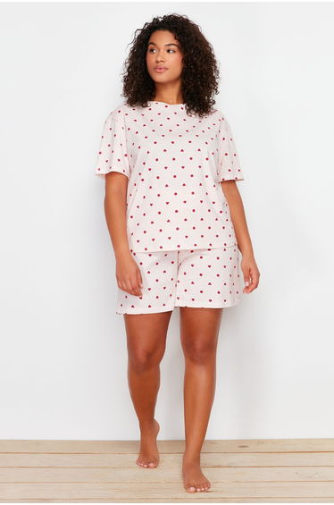 Light Pink Heart Pattern Knitted Pajamas Set