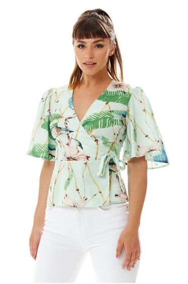 Women's Bird Print Wrap Top with V Neck .