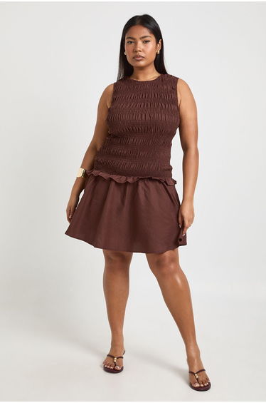 Plus Shirred Racer Neck Skater Dress - chocolate