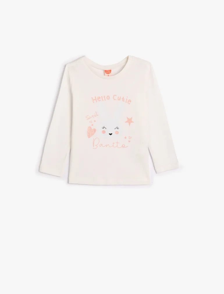 T-Shirt Long Sleeve Crew Neck Rabbit Printed Cotton