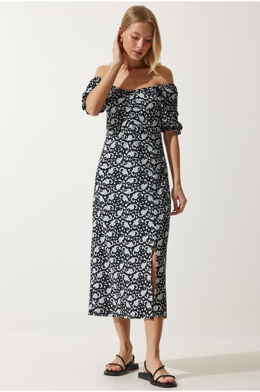 Women's Black Gray Elastic Carmen Collar Summer Viscose Dress