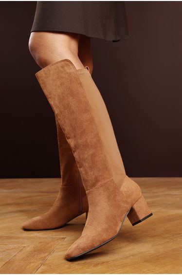 Beau Block Heel Knee High Boots With Side Zip In Cognac Suede