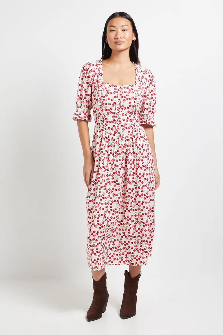 Petite Cherry Print Square Neck Frill Detail Puff Sleeve Midi Dress