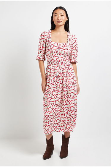 Petite Cherry Print Square Neck Frill Detail Puff Sleeve Midi Dress