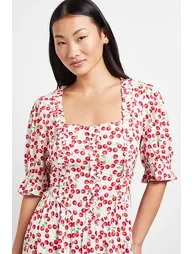 Petite Cherry Print Square Neck Frill Detail Puff Sleeve Midi Dress - 3