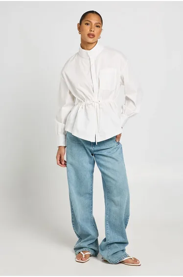 Cinched Waist Funnel Neck Shirt - white