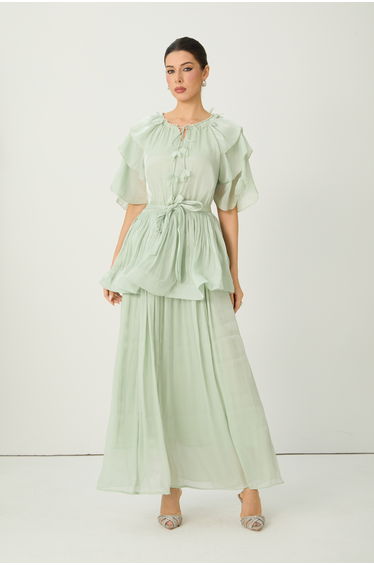 Vibes On Point Green Ruffle Sleeve Tie Neck Maxi Dress