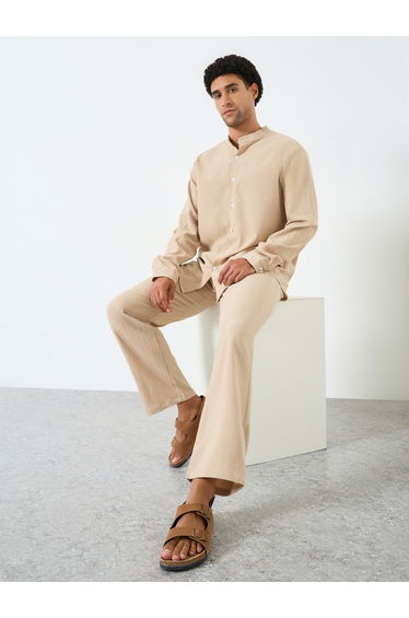 Men Textured Stand Collar Shirt and Pants Co-Ords