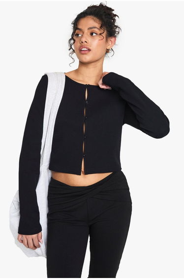 Waffle Button Front Scoop Neck Top - black