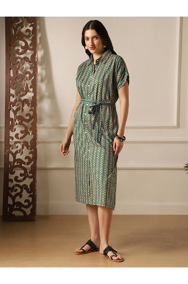 Women Green Ethnic Print Collared Neck Midi Dress
