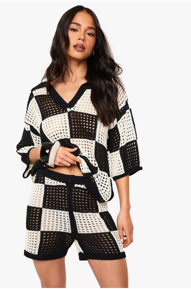 Checkerboard Crochet Wide Leg Beach Short
