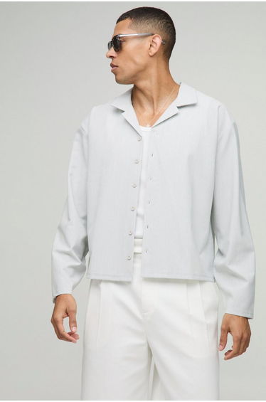 Oversized Boxy Revere Seersucker Stripe Long Sleeve Shirt - light grey