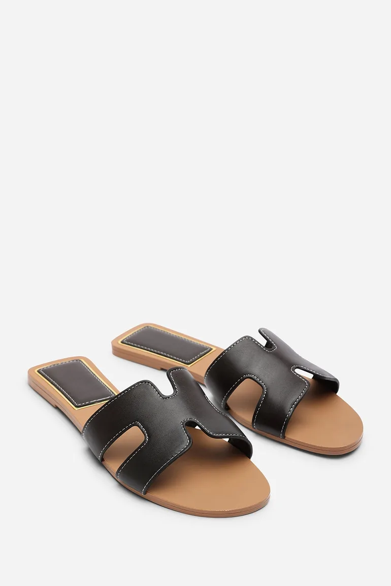Grazia Cut Out Design Dark Brown Slide On Sandals With Contrast Stitching - 4