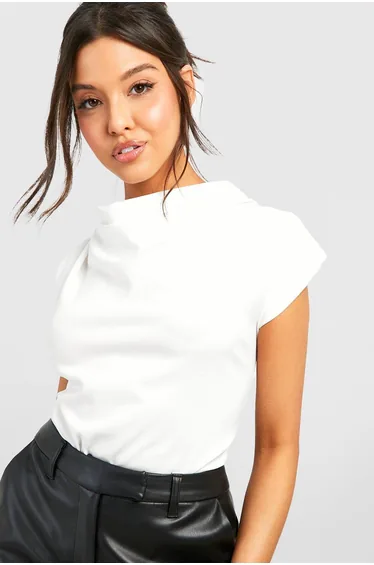 Cowl Neck Crepe Shoulder Pad Blouse - ivory