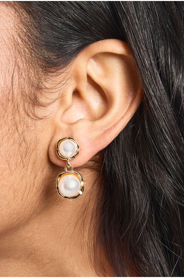 Double Pearl Drop Earrings - gold