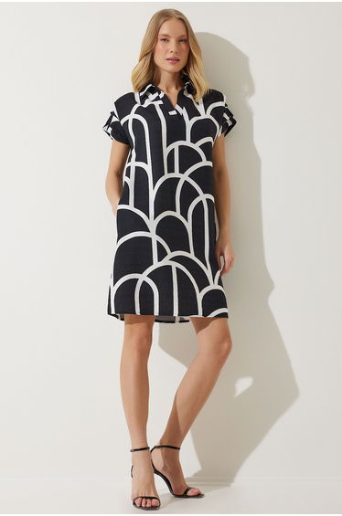 Women's Black Polo Collar Patterned Summer Dress