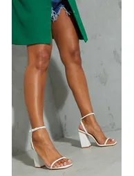 White Barely There Block Heeled Sandals - 1