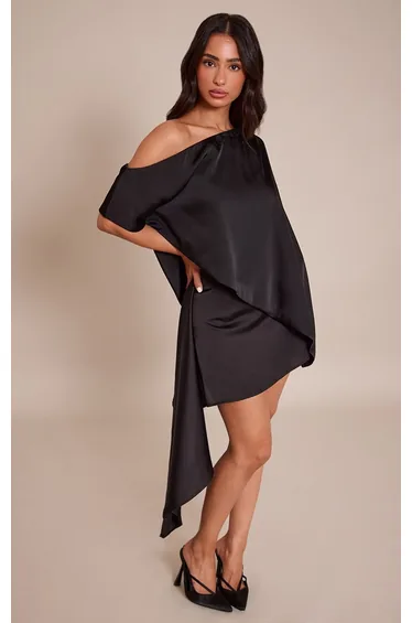 Petite Black Satin Asymmetric Cape Top