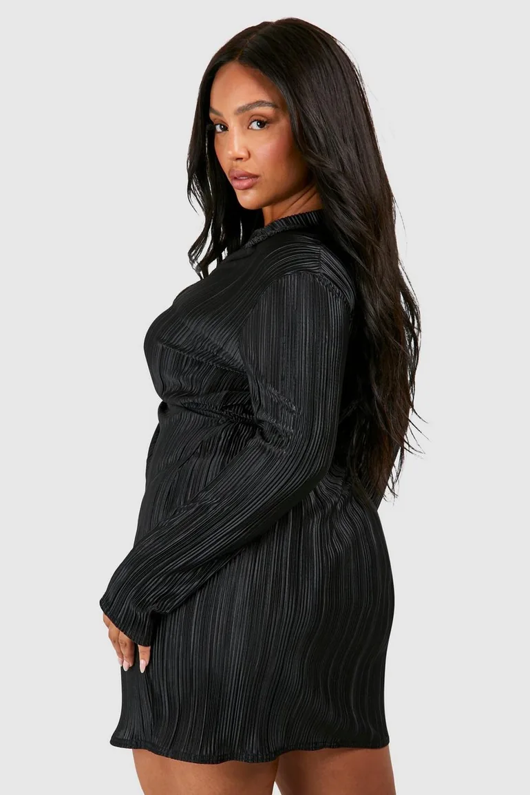 Plus Plisse Twist Front Shirt Dress - black - 1