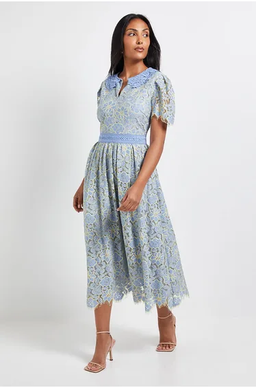 Petite Lace Collared Button Midi Dress