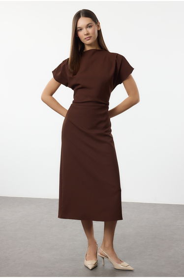 Brown A-Line Cowl Neck Midi Crepe Woven Dress