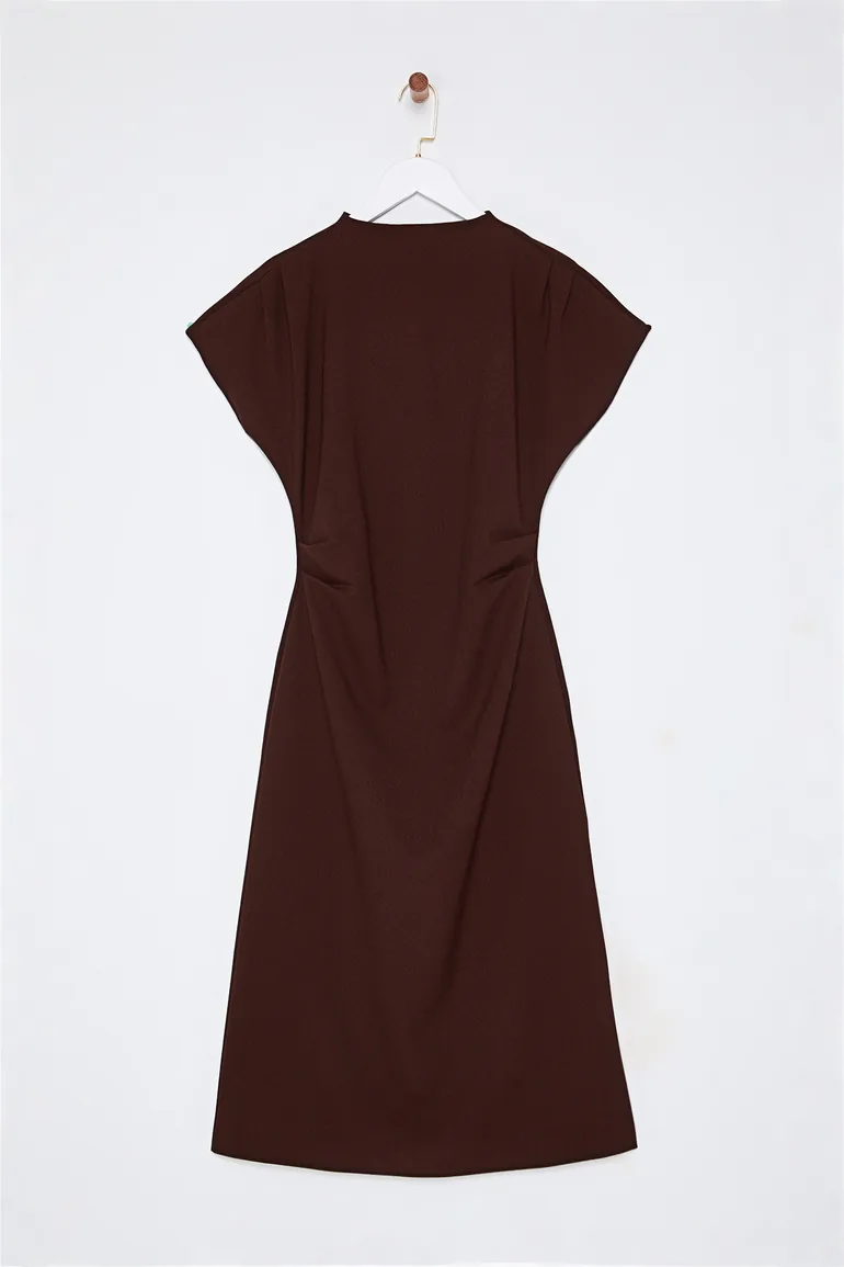 Brown A-Line Cowl Neck Midi Crepe Woven Dress - 6