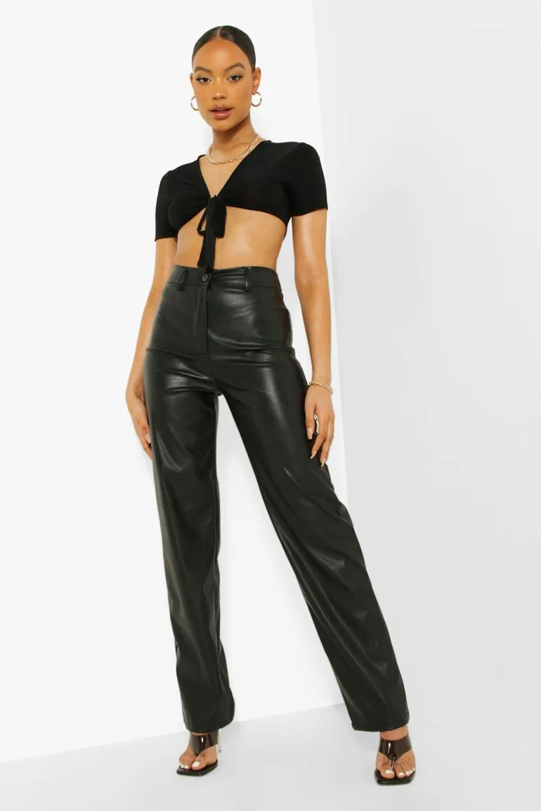 Wide Leg Leather Look Trousers - black