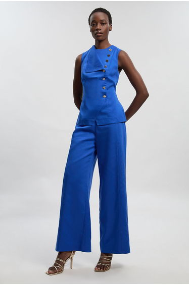 Tailored Linen Button Front Wide Leg Trouser