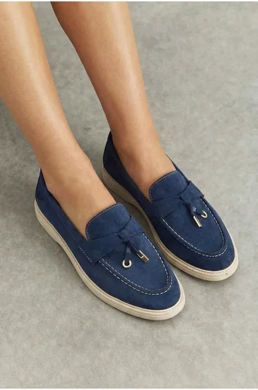 Women's navy blue Suede tassel detail chunky sole Loafers
