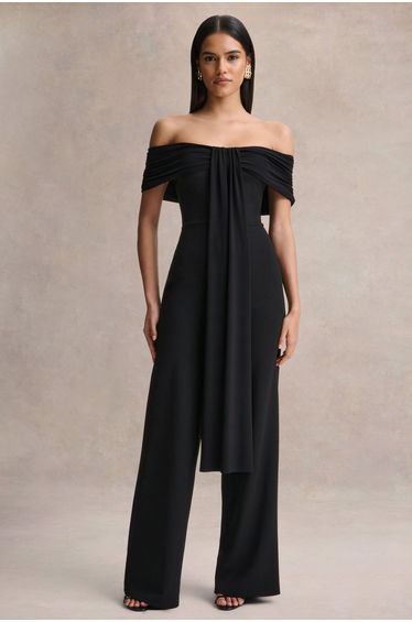 Kalida | Black Bardot-Neck Jumpsuit With Sash-Detail
