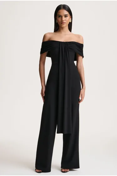 Kalida | Black Bardot-Neck Jumpsuit With Sash-Detail