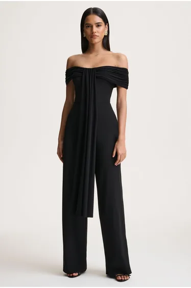 Kalida | Black Bardot-Neck Jumpsuit With Sash-Detail