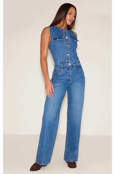 Tall Mid Blue Wash Sleeveless Shirt Style Denim Jumpsuit