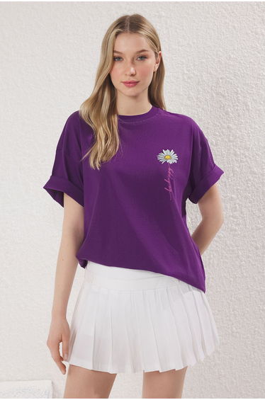 Purple 100% Cotton Oversize/Wide Pattern Printed Knitted T-Shirt