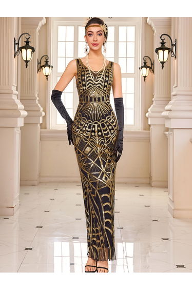 Modecrush Long Elegant Beaded Embroidered Gatsby Dress