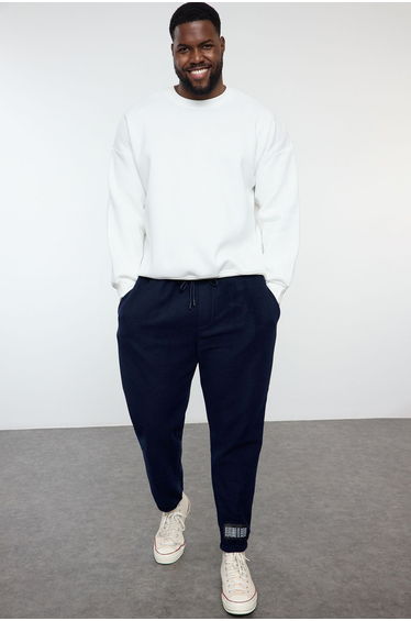 Navy Blue Plus Size Regular/Normal Cut Elastic Leg Fleece Warm Sweatpants