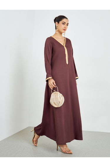 Brown Textured Jalabiya with Lace Trim