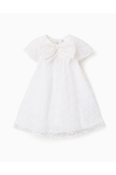 Dress with bow and ruffled cape-style sleeves for baby girls, white