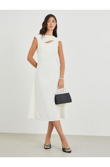 Solid Asymmetric Neckline A-Line Midi Dress