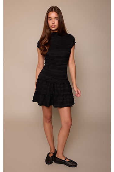 Black Ruffle Detail Keyhole Cap Sleeve Shift Dress